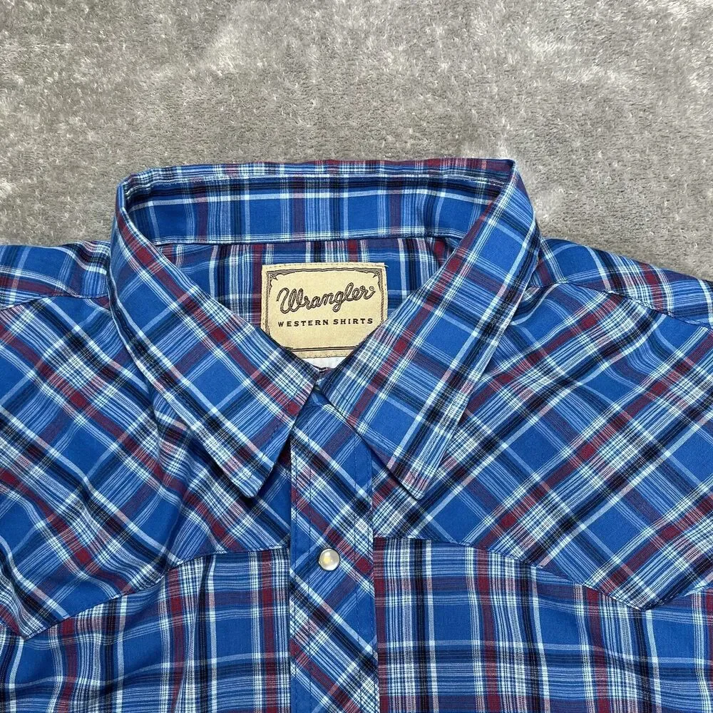 Wrangler Shirt Men's 3XL Western Cowboy Rancher Pearl Snap Plaid Blue Red Rodeo - Picture 3 of 7